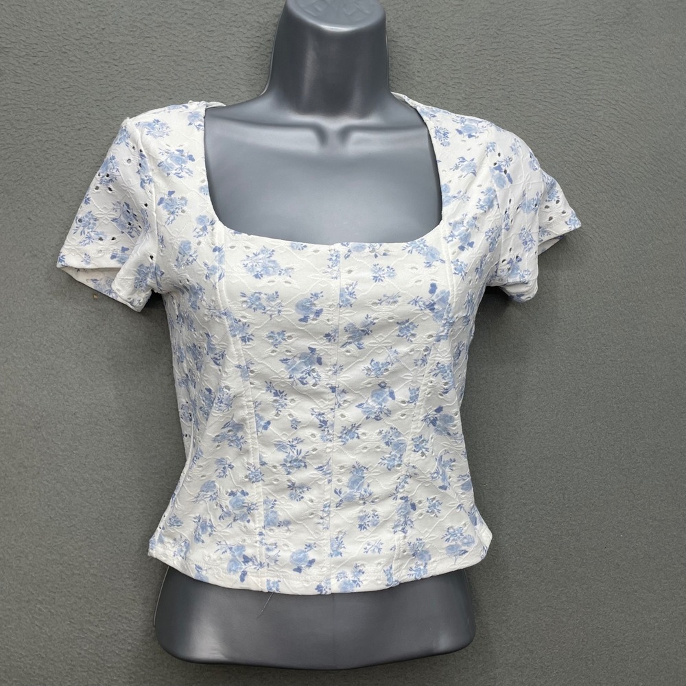 Pink Rose Women Top White Blue Floral Eyelet Size S Cottagecore Square Neck
